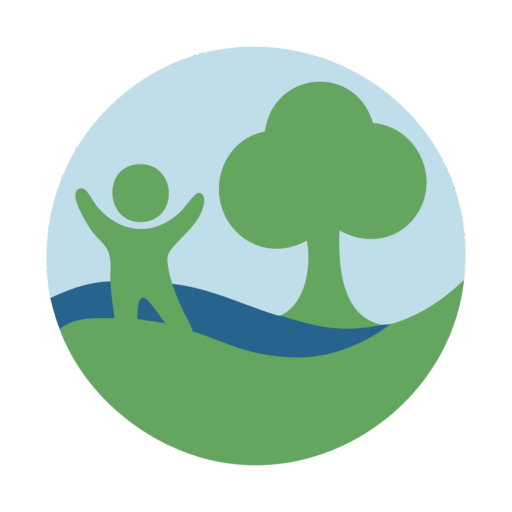 Ein grün-blauer Kreis mit einem Baum und einem Männchen.